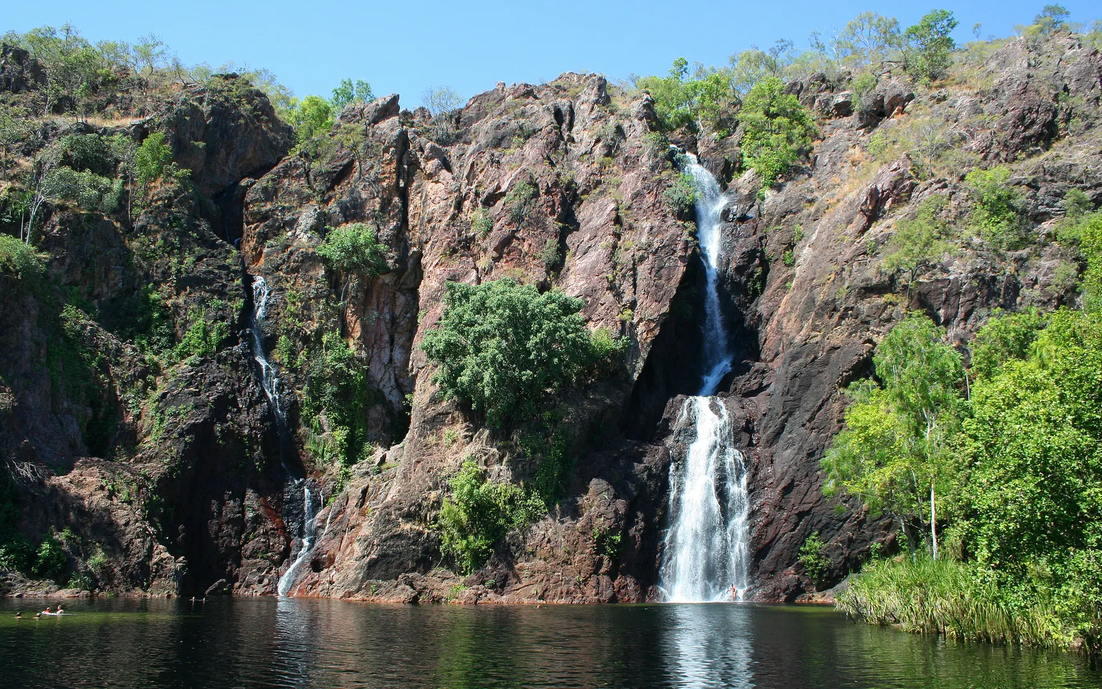 น้ำตก Wangi Falls ในลิตช์ฟิลด์ สายน้ำขาวพุ่งลงสระน้ำใสสีฟ้าเขียว ล้อมรอบด้วยหน้าผาหินและป่าเขตร้อน