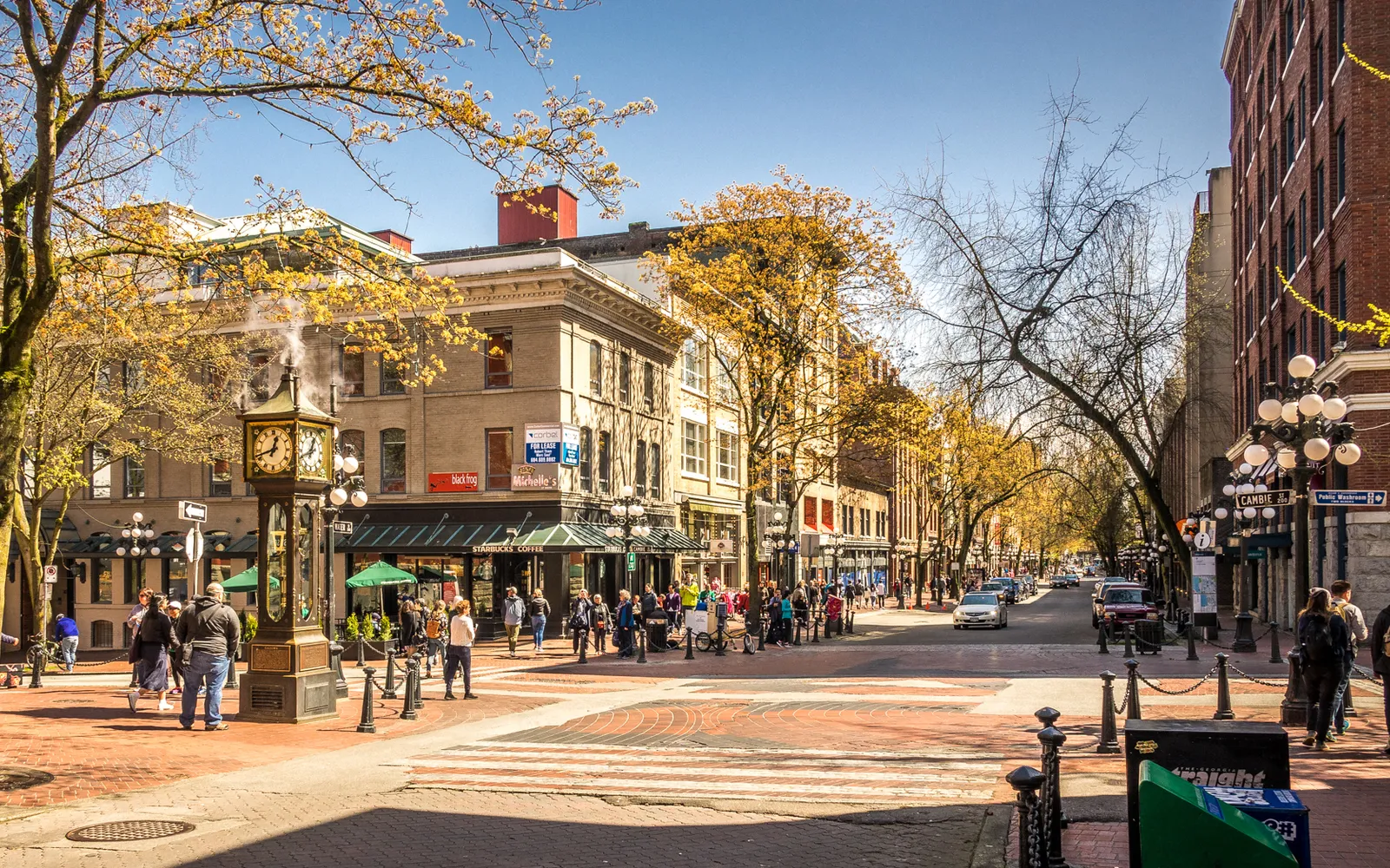 นาฬิกาไอน้ำ Steam Clock สัญลักษณ์ Gastown ตั้งอยู่บนถนนหิน Cambie ย่าน Gastown