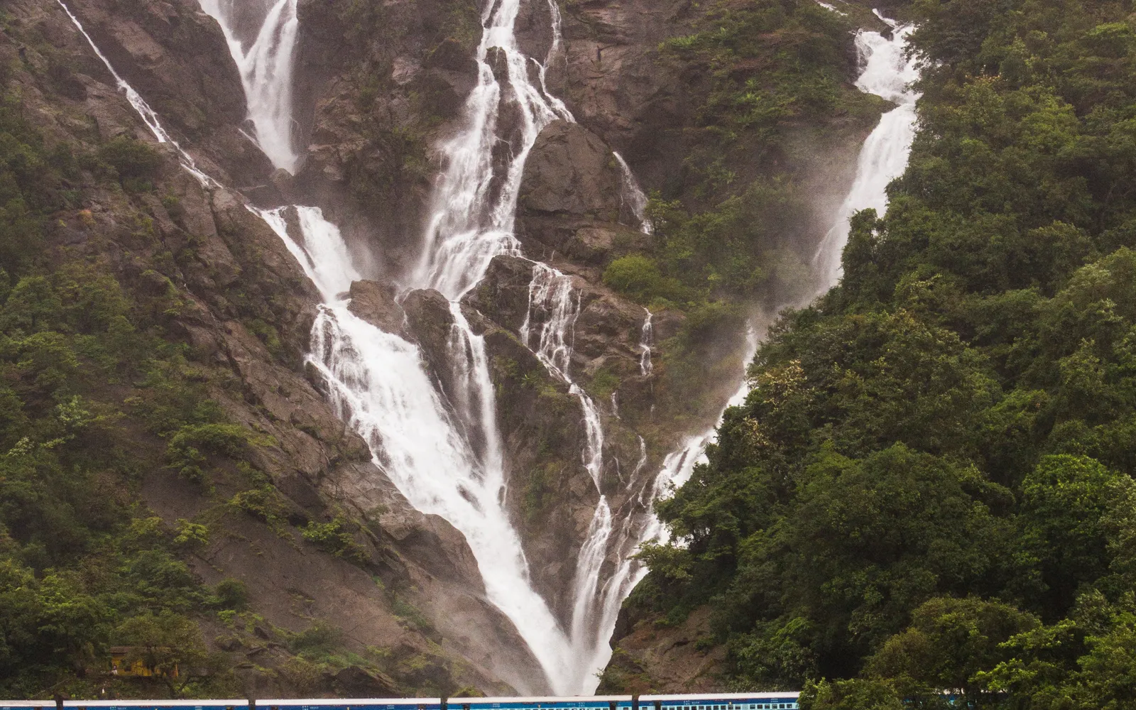 น้ำตกดูดสาครสายขาวสูงไหลลงหน้าผาในป่า Western Ghats โกอา