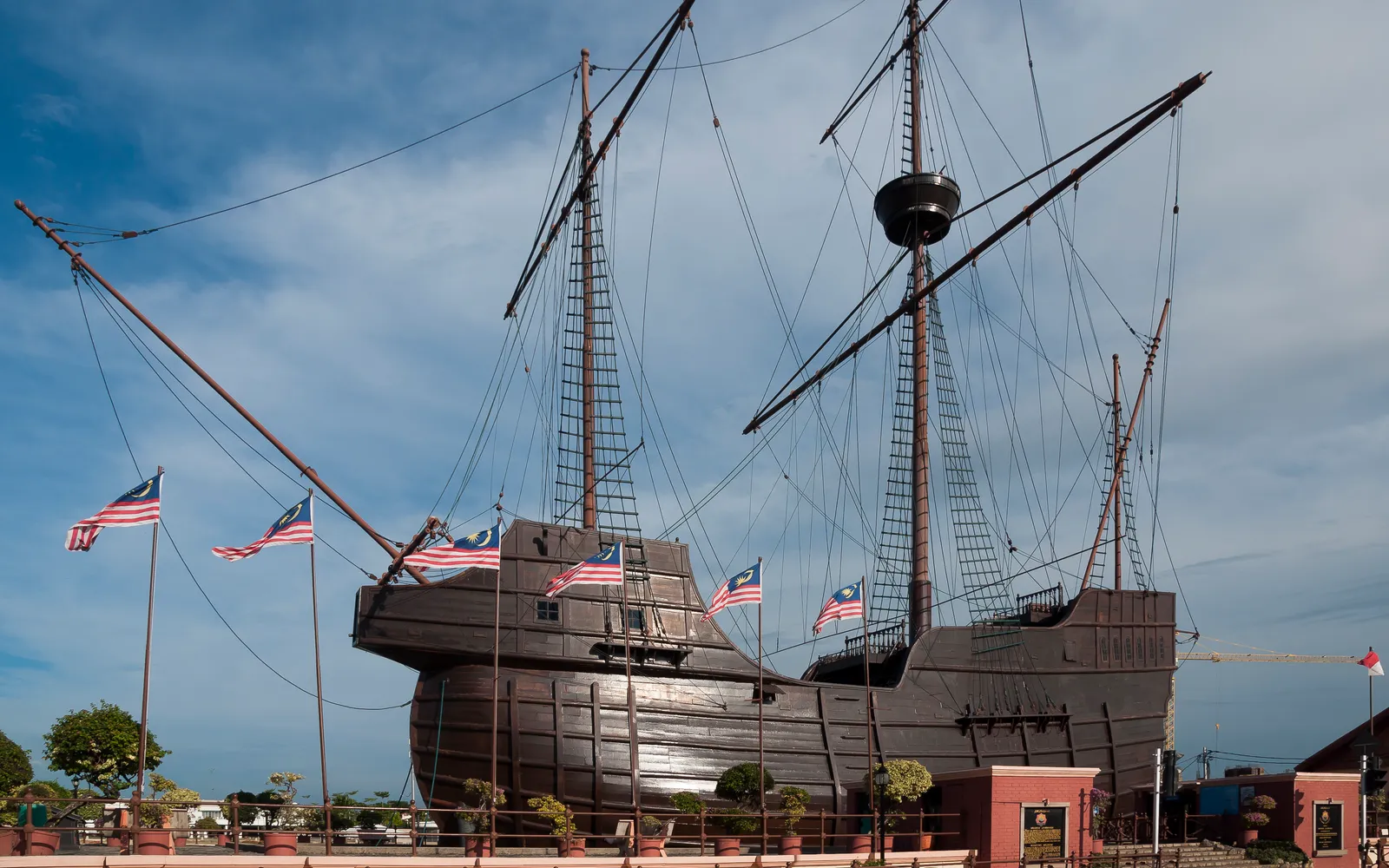 The full-scale replica of the Flor de la Mar — the 16th-century Portuguese galleon that serves as the Maritime Museum building in Melaka