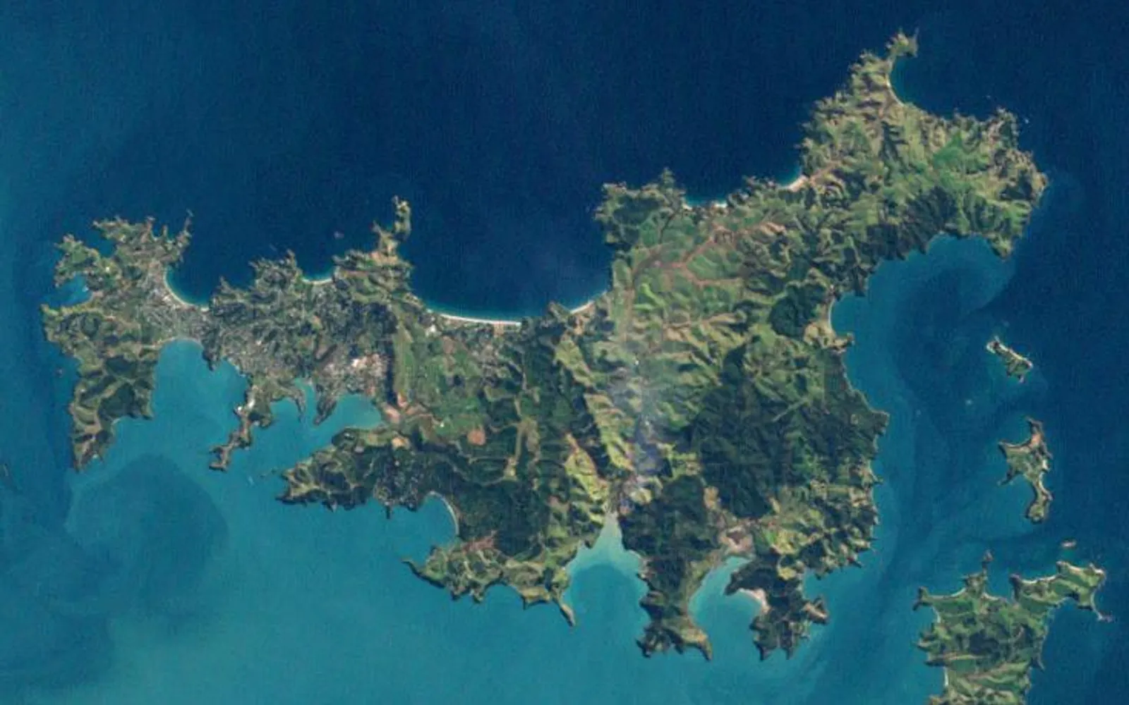 ทิวเขาเขียวชอุ่มของเกาะ Waiheke ไร่องุ่นเรียงลงไปถึงริมทะเล อ่าวน้ำใสสีฟ้าครามและชายหาดทรายขาวด้านล่าง