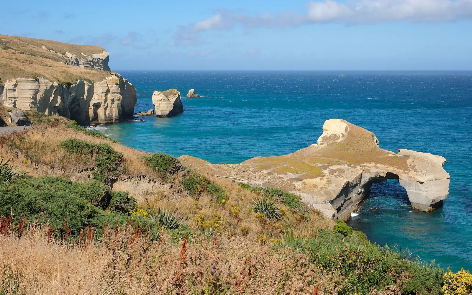 ชายหาด Tunnel Beach ดะนีดิน หน้าผาหินทรายสีส้มแดงตัดกับทะเลสีเขียวมรกต อุโมงค์หินที่เจาะด้วยมือนำลงสู่ชายหาดลึกแบบส่วนตัว