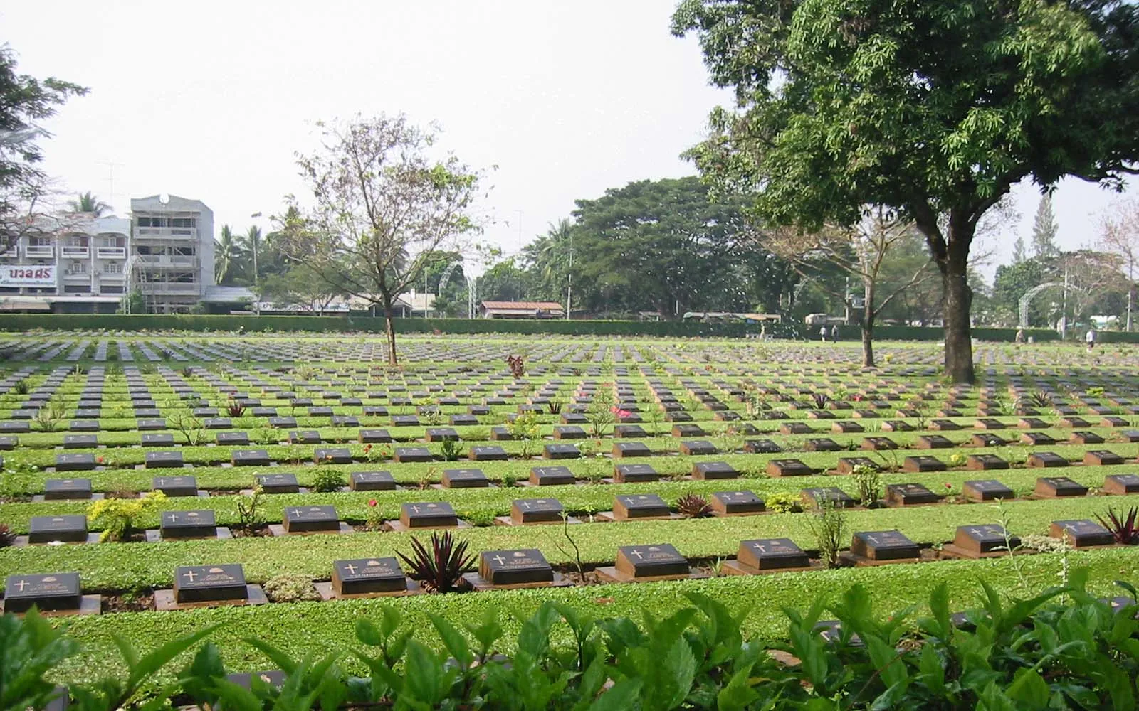 สุสานสงครามกาญจนบุรีแถวหลุมศพเรียบร้อยสะอาดตาในสวนสีเขียว