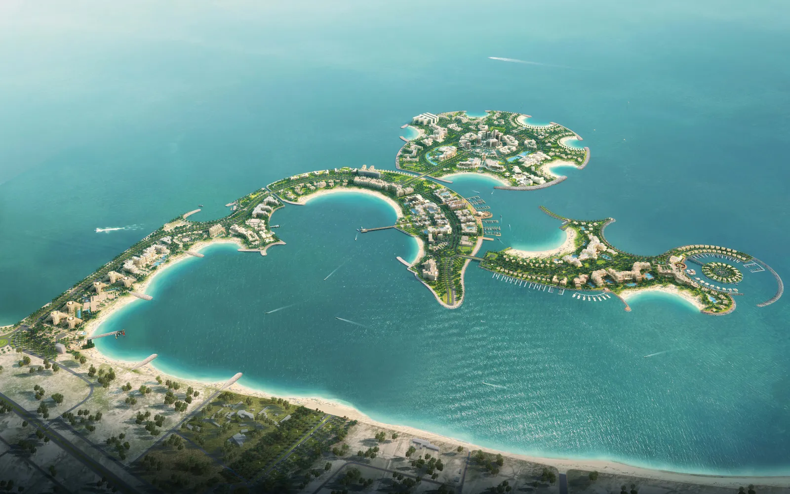 เกาะปะการังเทียมอัลมาร์จานยื่นลงทะเลพร้อมรีสอร์ตและหาดทราย