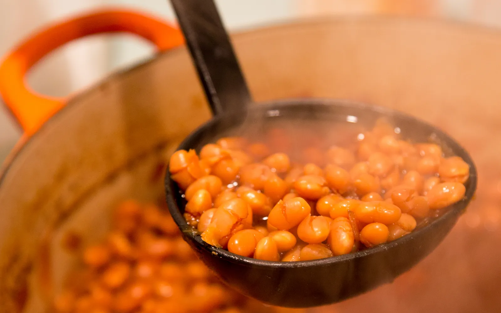 ถั่ว navy beans อบนุ่มในซอสโมลาสเซสสีน้ำตาลเข้มและหมูเค็มเสิร์ฟในถ้วยดินเผา