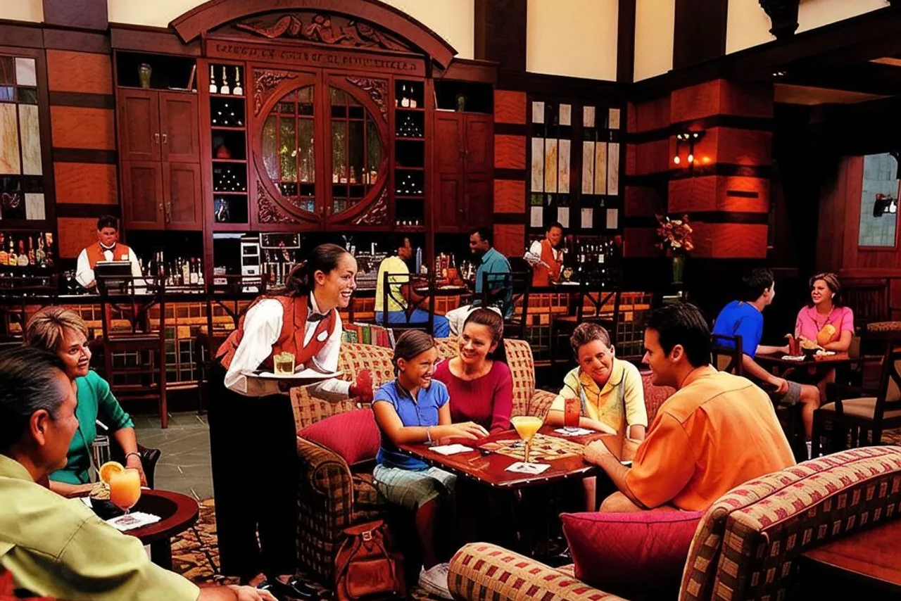 ครอบครัวรับประทานอาหารในร้านสไตล์ Craftsman ที่ Grand Californian